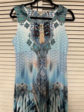 ONE WORLD Blue Teal Patterned Sleeveless Maxi Dress with Tassel